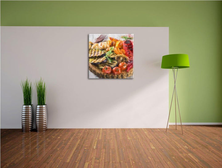 Pixxprint gegrilltes Gemüse auf Baumstammteller, Format: 70x70 als Leinwandbild, 70x70