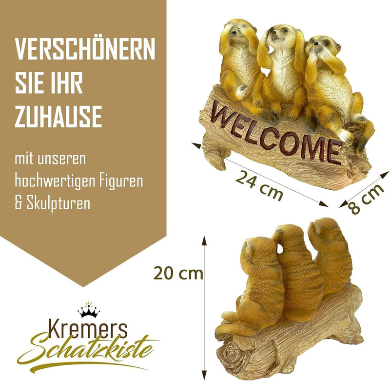 Kremers Schatzkiste Erdmännchen 3 Weisen als Welcome Schild Figur Gartenfigur 24 cm Meercat Tierfigu