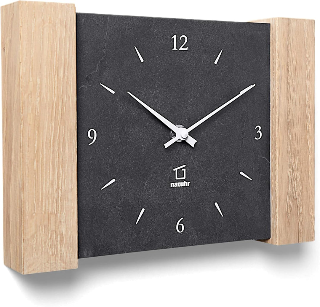 Natuhr Tischuhr Wanduhr Matterhorn Holz Eiche Heller Stein Schiefer Funkuhrwerk (Schwarz/Eiche gekal