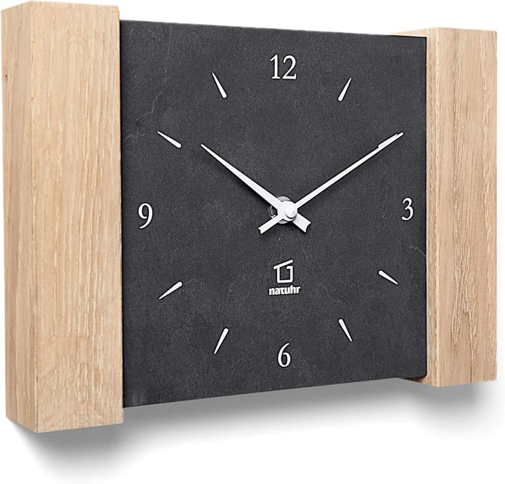 Natuhr Tischuhr Wanduhr Matterhorn Holz Eiche Heller Stein Schiefer Funkuhrwerk (Schwarz/Eiche gekal