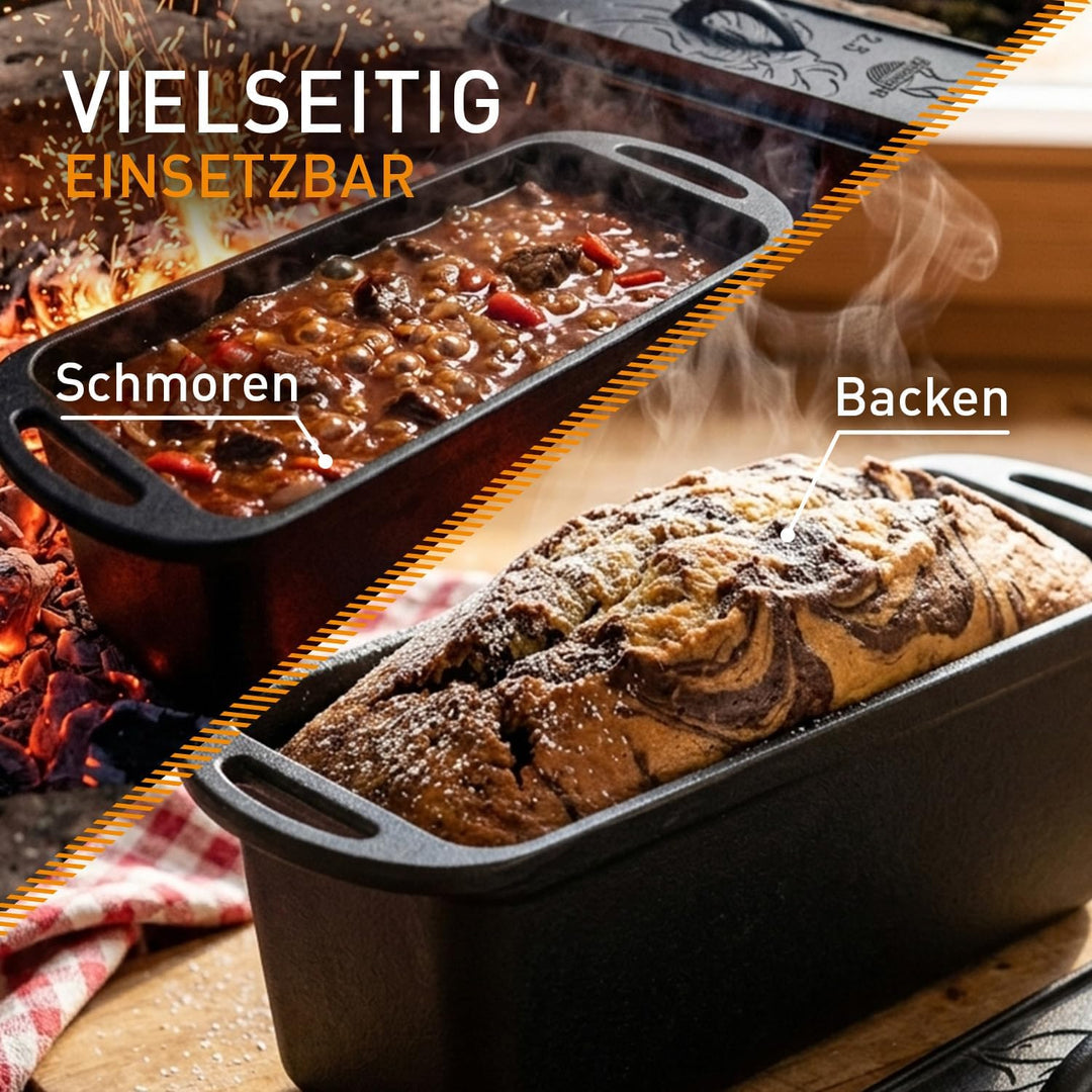 Brotbackform aus Gusseisen 3 Liter mit Deckel - Kastenform ideal für Brot, Kuchen, Dutch Oven Rezept