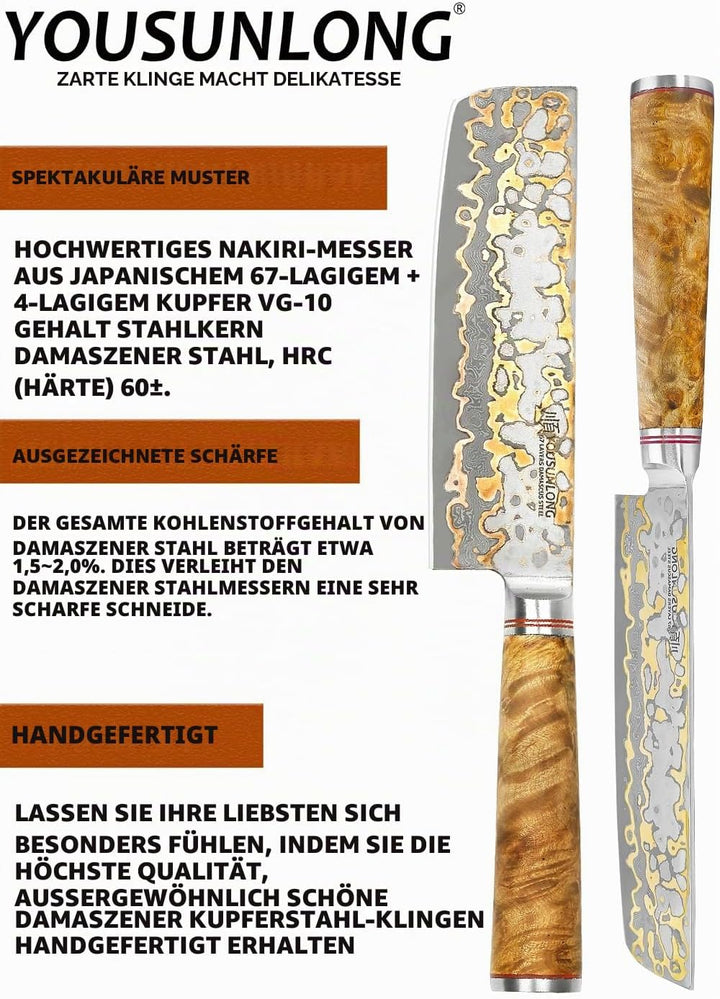 YOUSUNLONG Nakiri Messer asiatische Gemüsemesser 175mm - Ultra Sharp -japanische handgefertigte Kupf