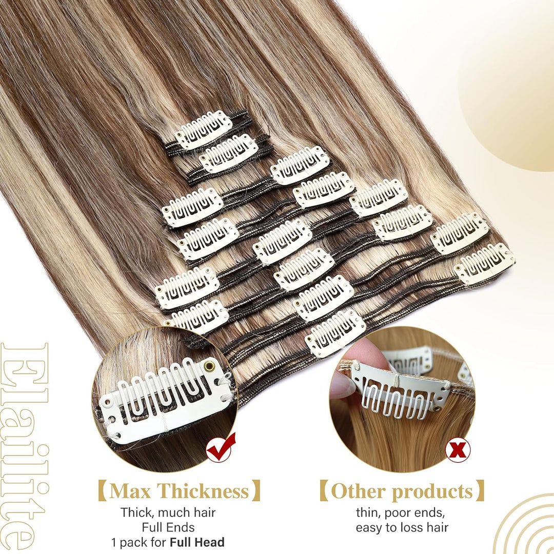 Elailite Clip in Extensions Echthaar Haarteile 100% Remy Haar Haarverlängerung Doppelt 8 Tressen dic