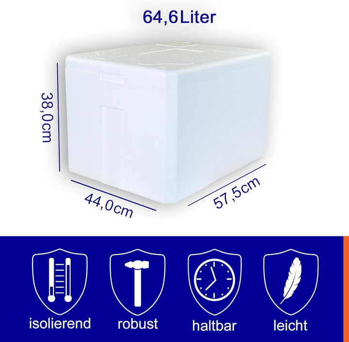 2 Thermoboxen Styropor XXL 64, 5Liter mit Deckel - Kühlbox Styropor - Wiederverwendbarer Isolierbehä
