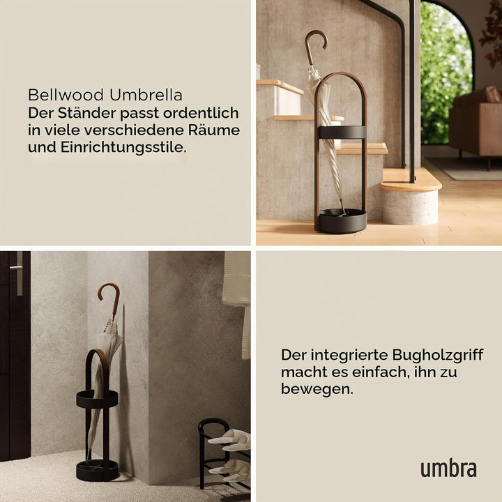 Umbra Bellwood Schirmständer, Runder Regenschirmständer mit Rostfreier Abtropfschale, Schwarz/Walnus