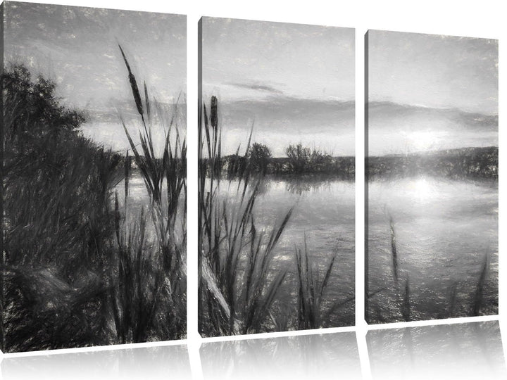 Pixxprint Sonniger Morgen am See Kohle Zeichnung Effekt 3-Teiler Leinwandbild 120x80 Bild auf Leinwa