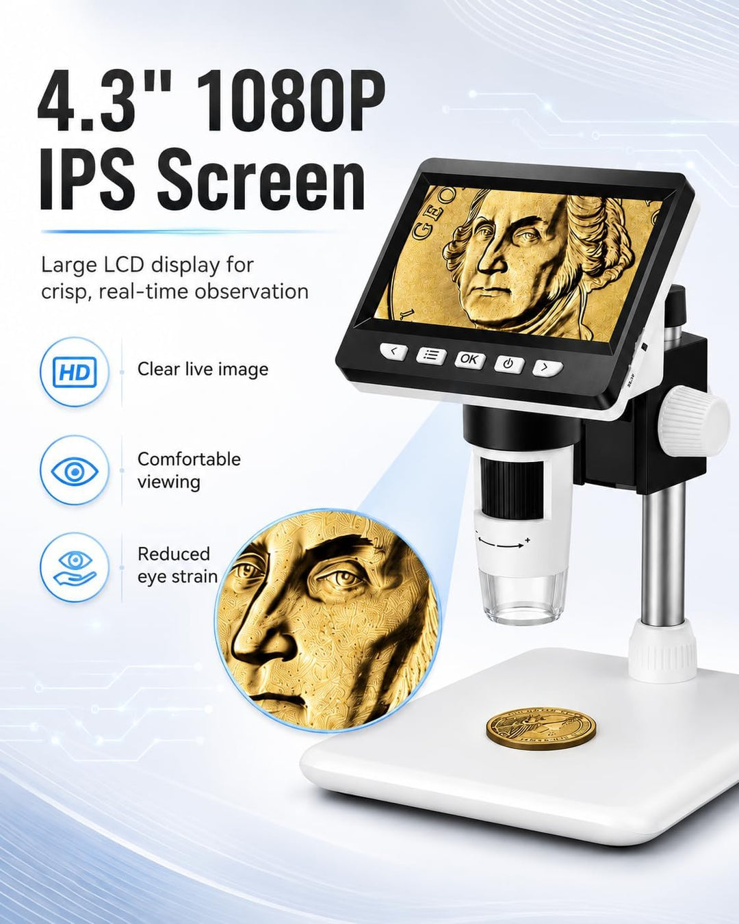 AOPICK Mikroskop, LCD Digital Mikroskop 1000X 4,3-Zoll 1080P USB Mikroskop mit 8 einstellbaren LED L