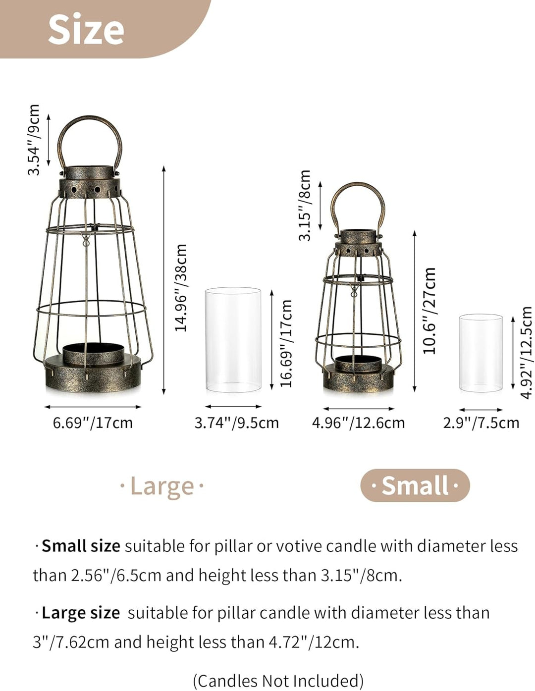 NUPTIO Vintage Kerzenlaternen Dekorativ mit Griff Rustikale Tragbare Säule Kerzenhalter mit Glas Sch