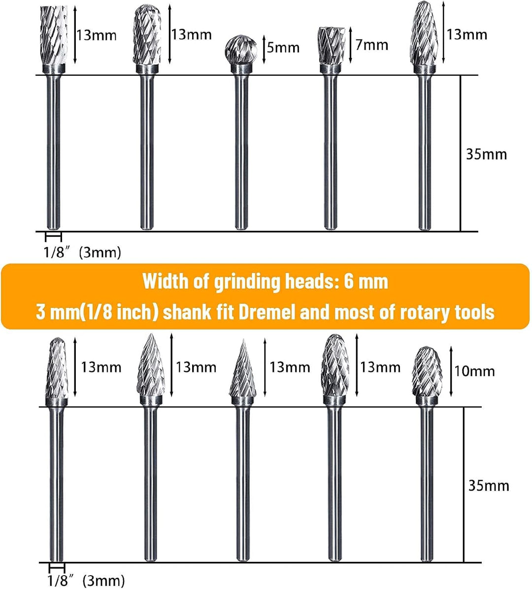 Hartmetall-Frässtifte mit Doppelschnitt, 10 Stück Wolframkarbid-Rotationsfräser-Set mit 3mm Schaft 6