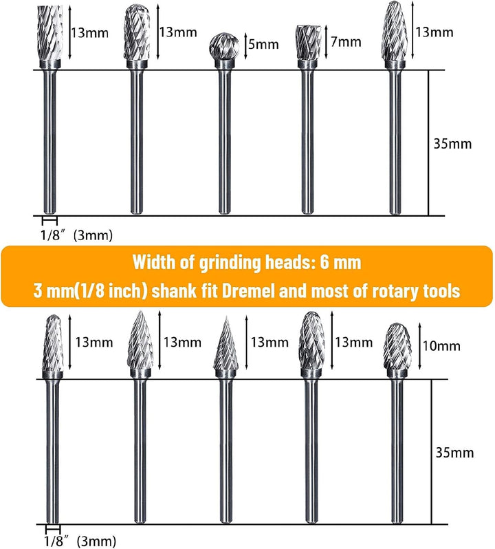 Hartmetall-Frässtifte mit Doppelschnitt, 10 Stück Wolframkarbid-Rotationsfräser-Set mit 3mm Schaft 6