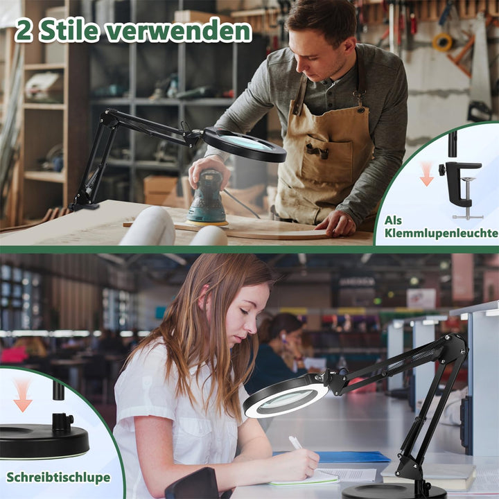 10X Lupe mit Licht und Ständer, Echter Glaslinse 2-in-1 Lupenlampe und Klemme, LED Beleuchtete Lupe