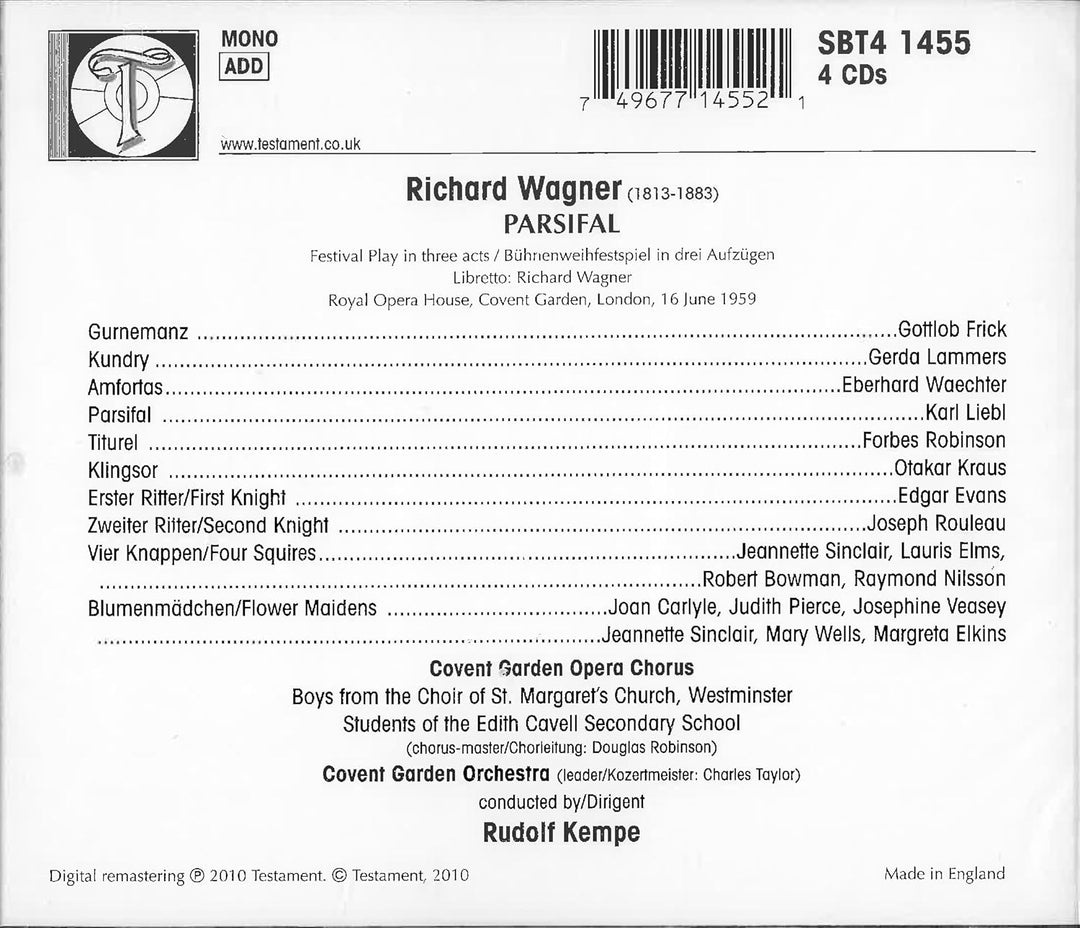 Parsifal (Covent Garden 1959), Audio-CD