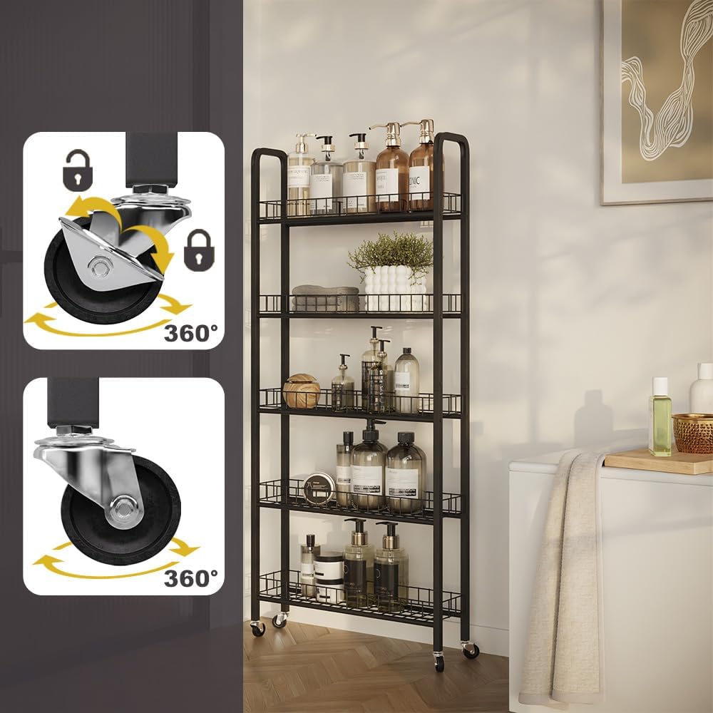 Vicco Rollregal Rolivo, Schwarz, 58 x 15 cm mit 5 Fächern, auf Rollen flexibel positionierbar für sc