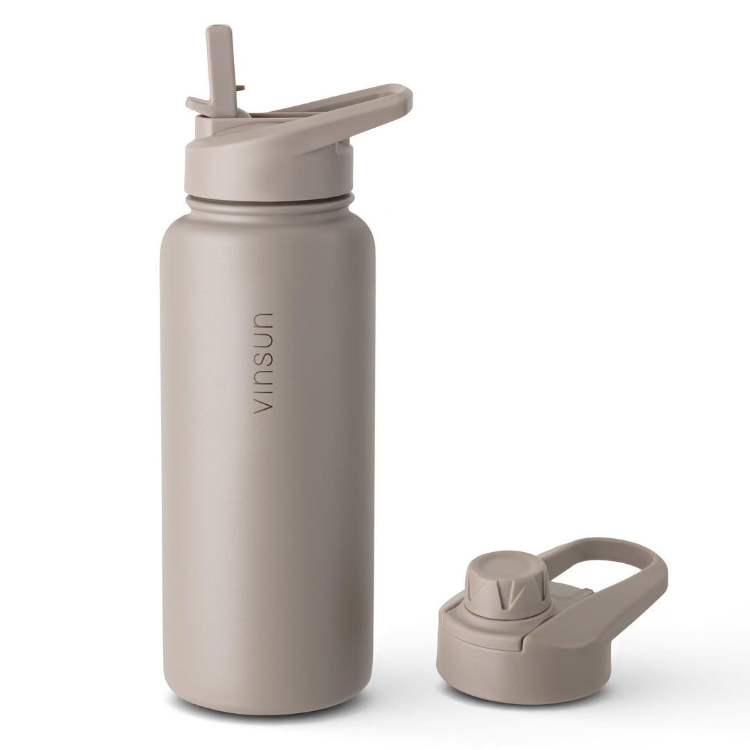 Vinsun Trinkflasche Edelstahl taupe 1L - auslaufsicher, Kohlensäure geeignet, BPA frei - Strohhalm,