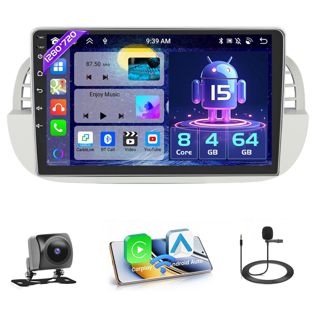 Hikity 8 core 4+64GB Android 15 Autoradio für FIAT 500 2007-2015 Radio Wireless CarPlay Android Auto