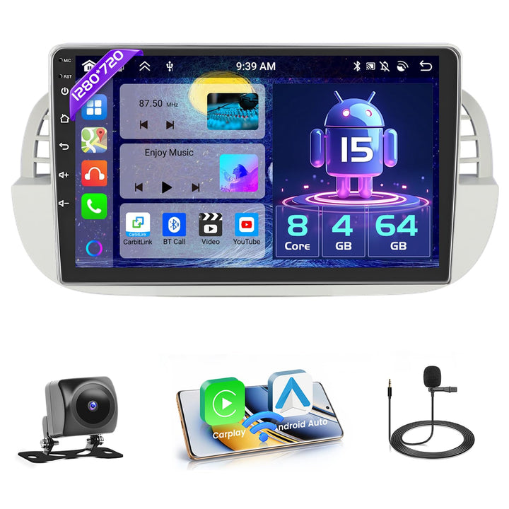 Hikity 8 core 4+64GB Android 15 Autoradio für FIAT 500 2007-2015 Radio Wireless CarPlay Android Auto