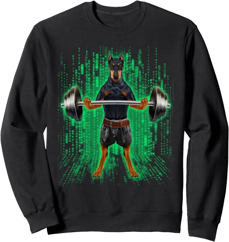 Dobermannhund, der Gewichte im Cyber-Fitnessstudio hebt Sweatshirt