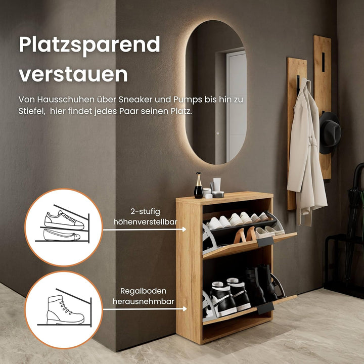 Planetmöbel Schuhschrank schmal mit 2 Klappen platzsparender Schuhregal mit 4 Ablagen, Schuhkommode