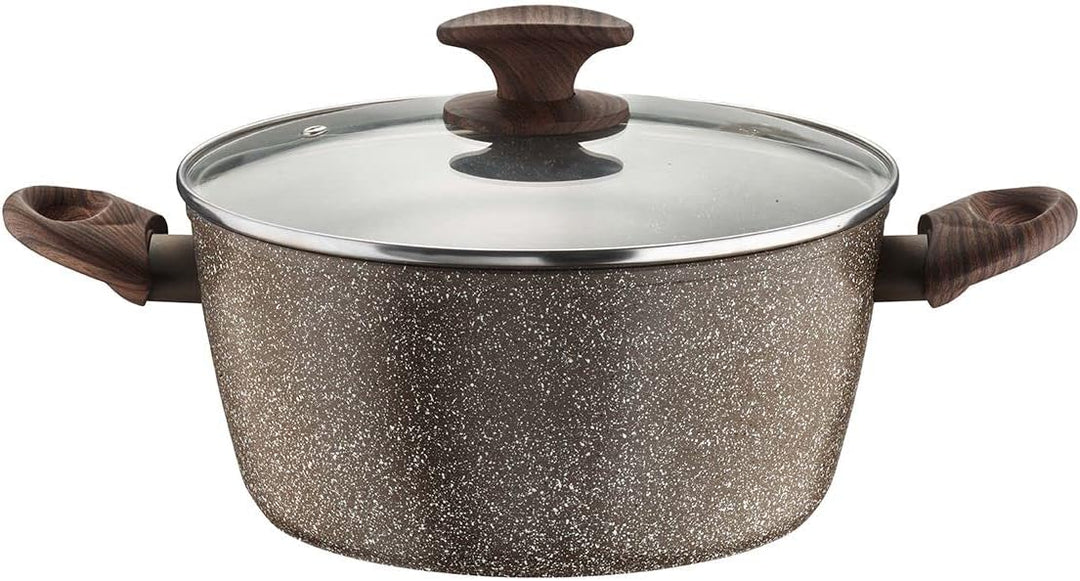 Pintinox Kasserolle aus Aluminium, Serie Natura, antihaftbeschichtet, Steinoptik, Griff in Holzoptik