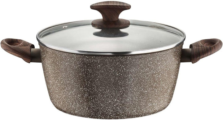Pintinox Kasserolle aus Aluminium, Serie Natura, antihaftbeschichtet, Steinoptik, Griff in Holzoptik