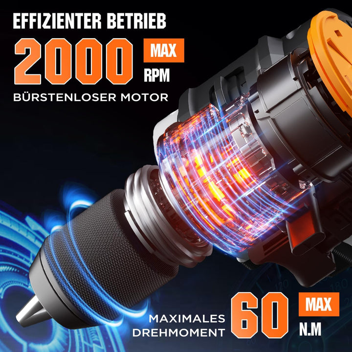 Litheli 20V Akku Bohrschrauber mit 2X10.000mAh Li-Ion Akku, 60 Nm Maximaldrehmoment, 17+1 Drehmoment