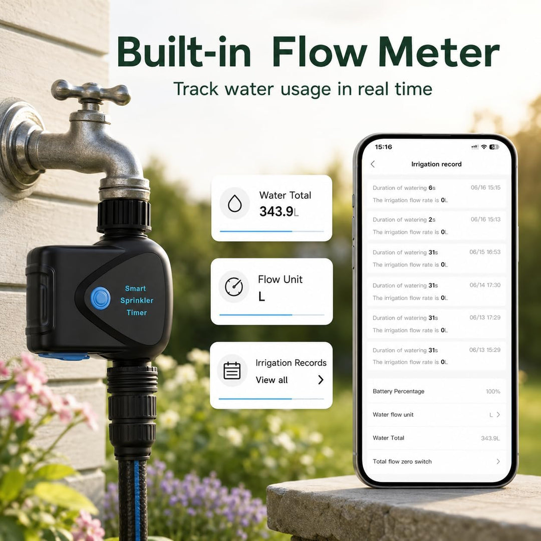 WLAN Bewässerungscomputer mit App Steuerung, WiFi Bewässerungstimer mit Wasserzähler, ohne Hub, Meng