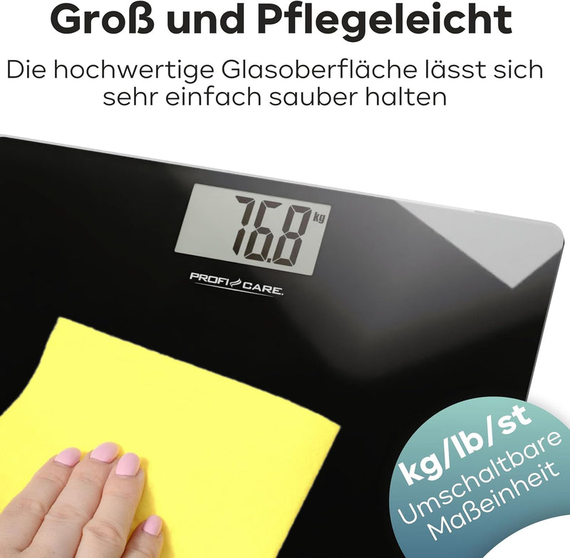 ProfiCare® Waage Personen mit Glasoberfläche | Körperwaage mit Messbereich 5-180 kg & grossem LCD-Di