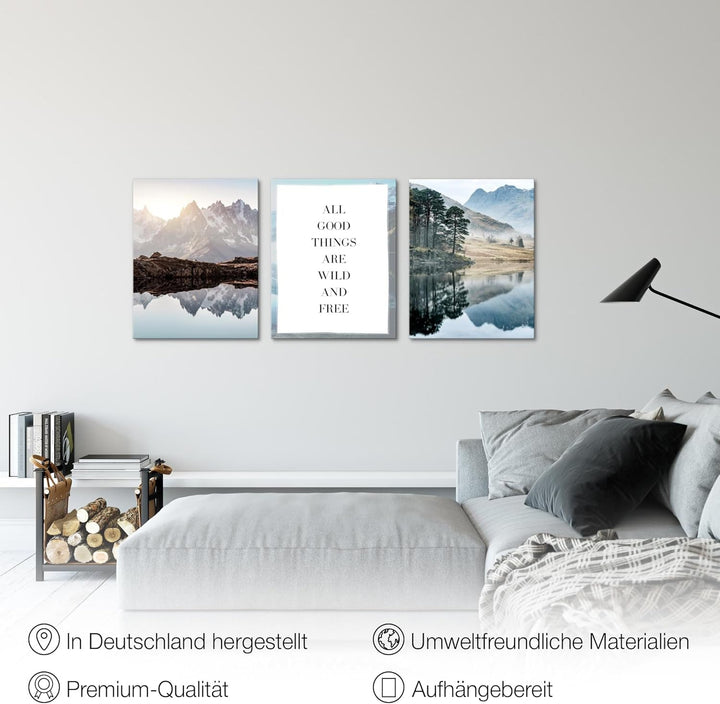 Novart Wandbilder Set See Berge - KOMPLETT AUFHÄNGFERTIG - Wohnzimmer Schlafzimmer Deko - 3 Moderne