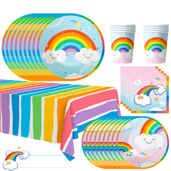 Rainbow Partygeschirr,141pcs Partygeschirr Regenbogen Set, Regenbogen Pappteller & Regenbogen Tischd