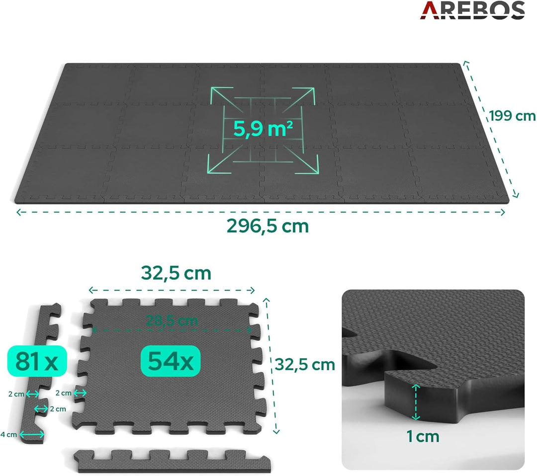 Arebos Eva Puzzlematte 54-teilig | Bodenschutzmatte ca. 5,9 m² inkl. Randstücke | Fitness, Pool & Sp