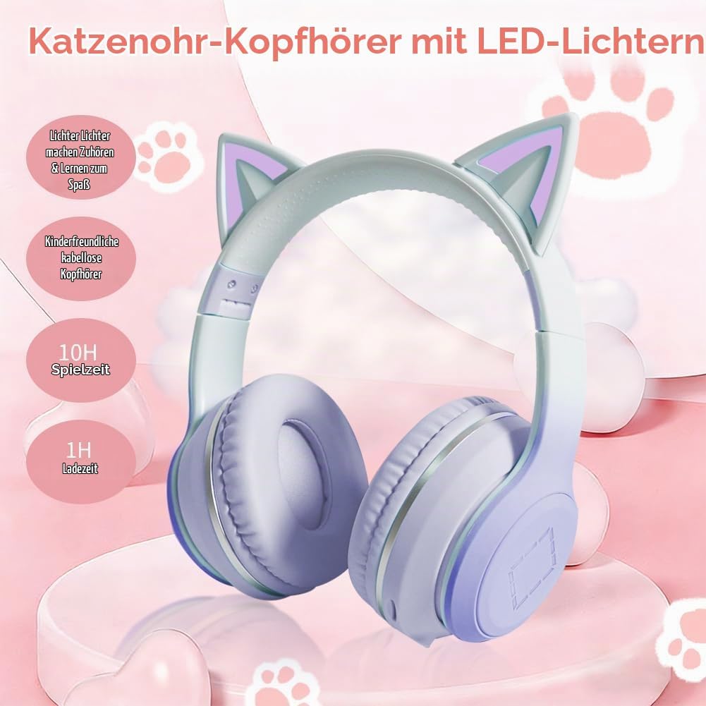 Kinder Bluetooth Kopfhörer, Katzenohr LED Lichter, Bluetooth 5.3 Stereo, Verstellbares Kopfband, 85d