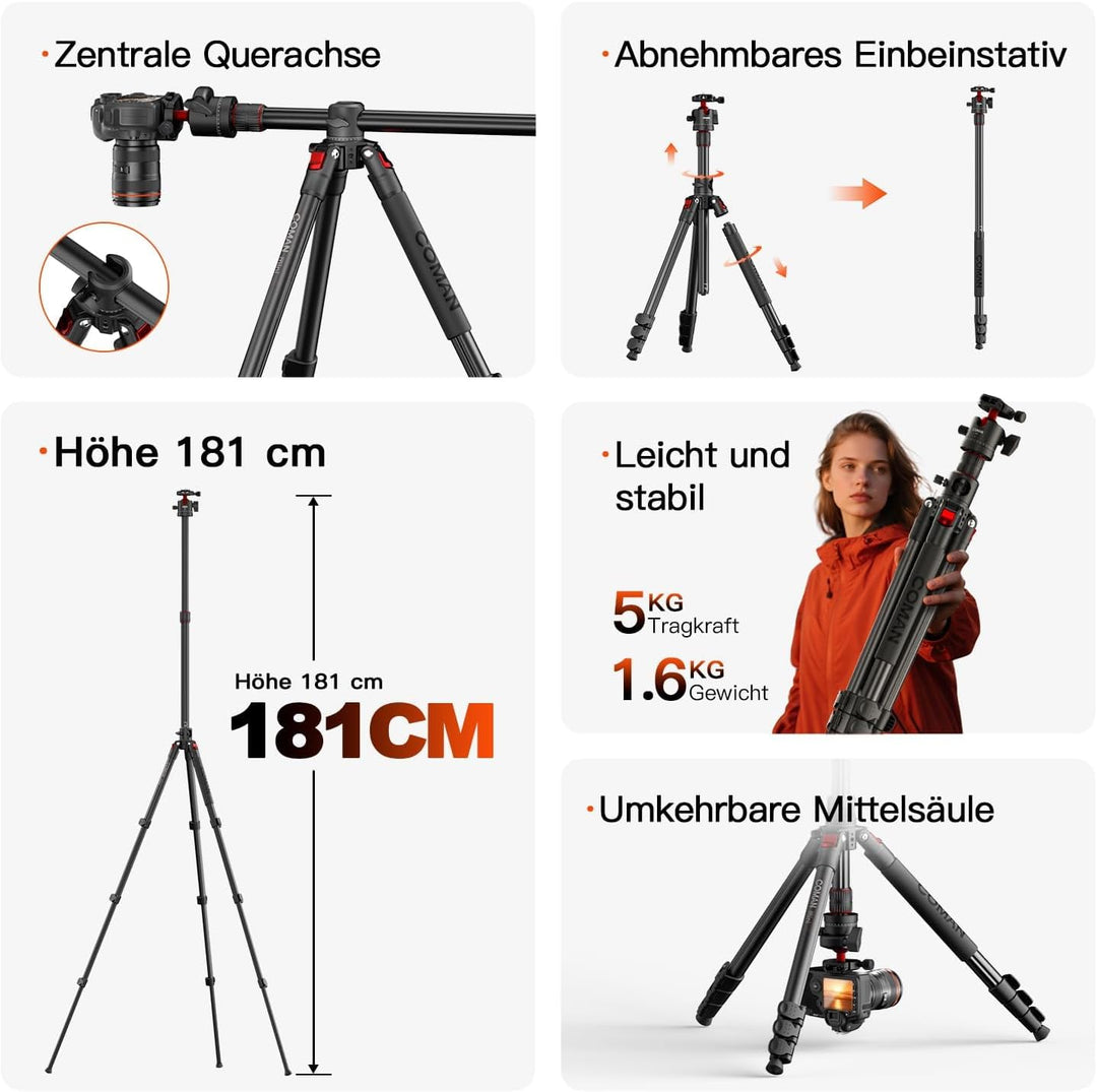 COMAN 181cm Horizontale Kamera Stativ Verfügt über eine Mittelsäule, Einen 360°-Kugelkopf, Eine Arca