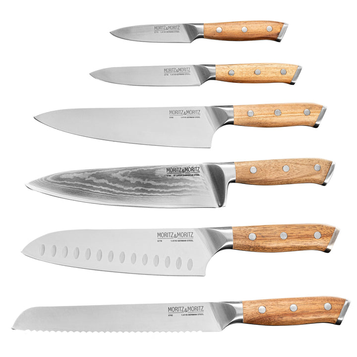 Moritz & Moritz Profi Küchenmesser Komplett-Set mit Damastmesser, Santoku-Messer, Kochmesser, Brotme
