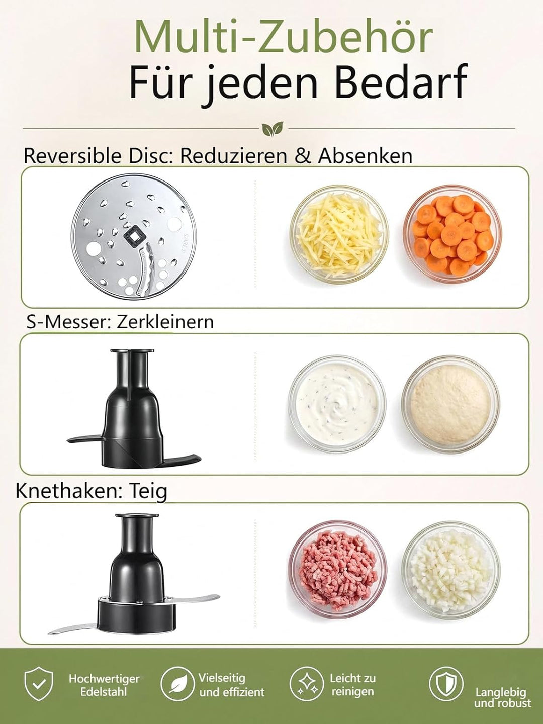 Food Processor 2.3L, Küchenmaschine, 2-in-1 Futterrutsche, 3 Geschwindigkeiten, All-in-One: Hacken,
