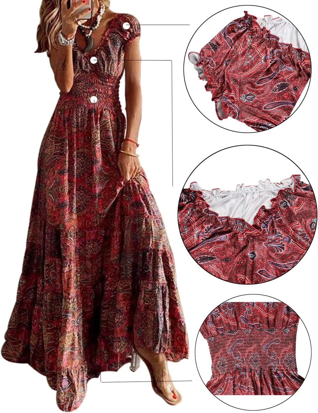 ABYOVRT Sommer Kleider Damen Sommerkleid Boho Lang Kleider Böhmisch Blumen Strandkleid V-Ausschnitt
