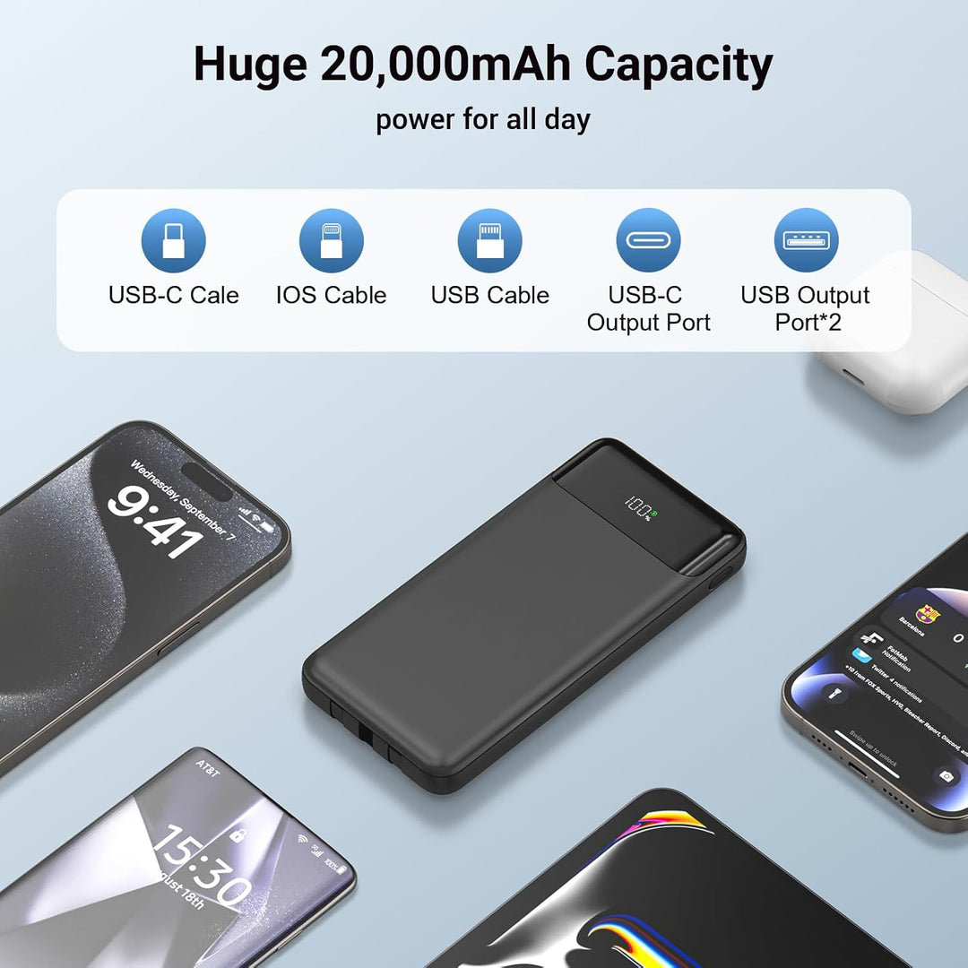Powerbank 20000 mAh mit Integrierten 3 Kabeln, 22,5 W Schnellladung Power Bank Tragbares Ladegerät P