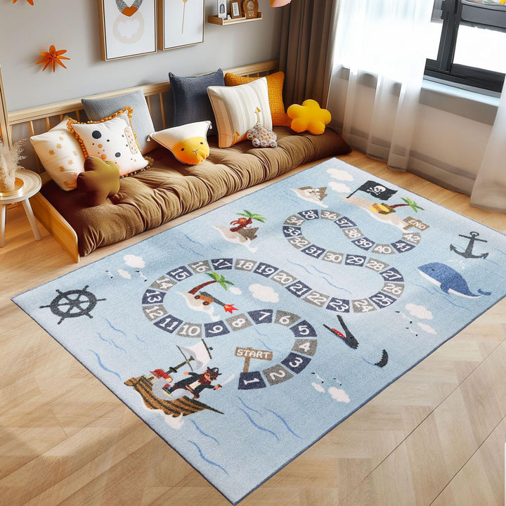 SIMPEX Kinderteppich Blau 80x120 cm Pirat Design Modern rutschfest Waschbar Pflegeleicht Extra Weich