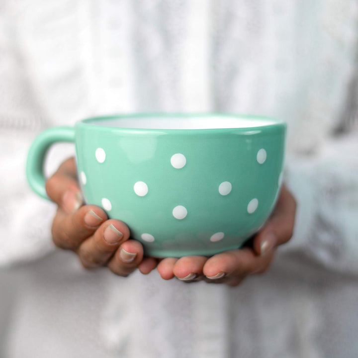City to Cottage® - Keramik XXL Tasse 500 ml | Kaffeebecher | Türkis und Weiss | Polka Dots | Handgem