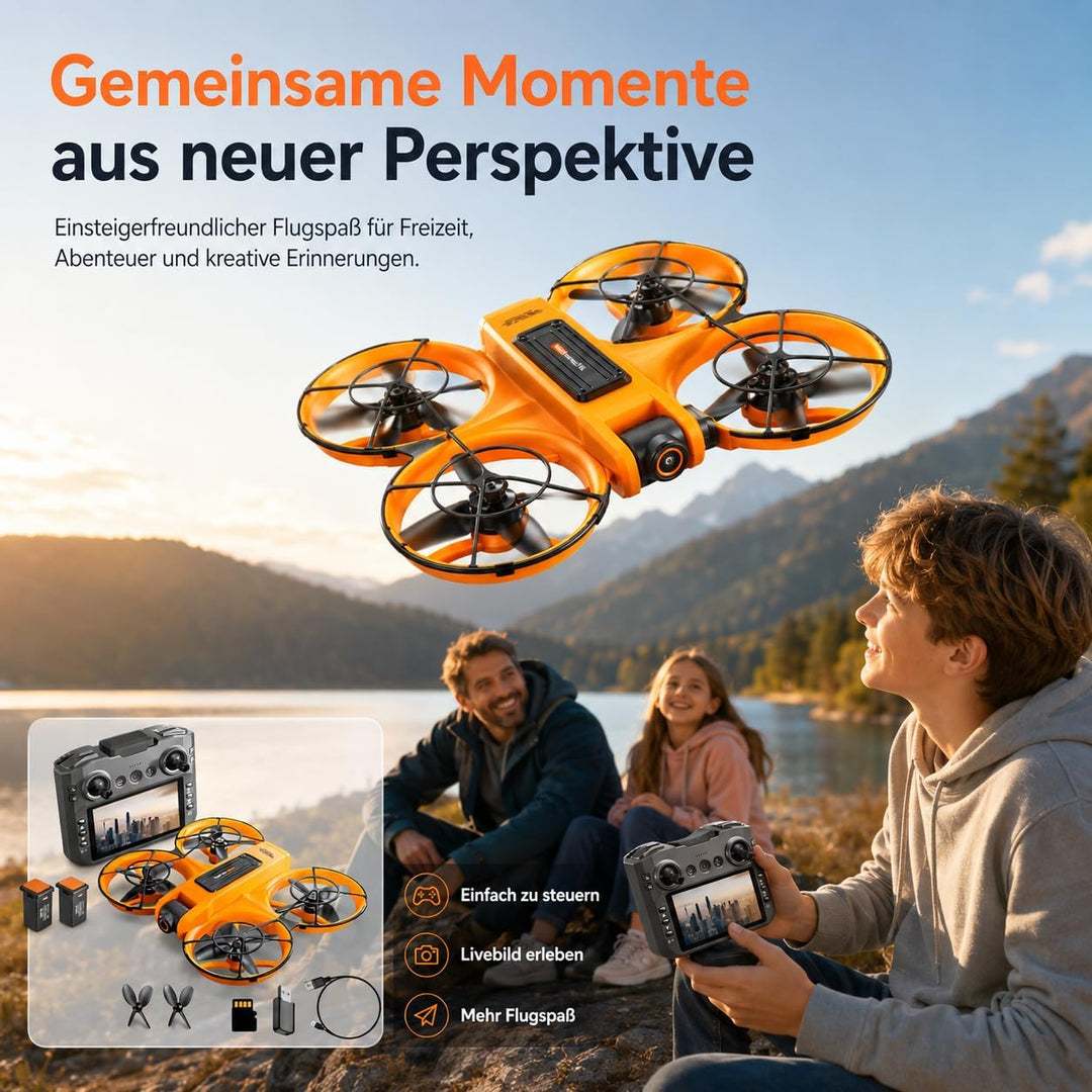 Drohne mit Kamera & Display Fernbedienung, Brushless Motor, Dual Kamera 90° verstellbar, FPV Live-Üb