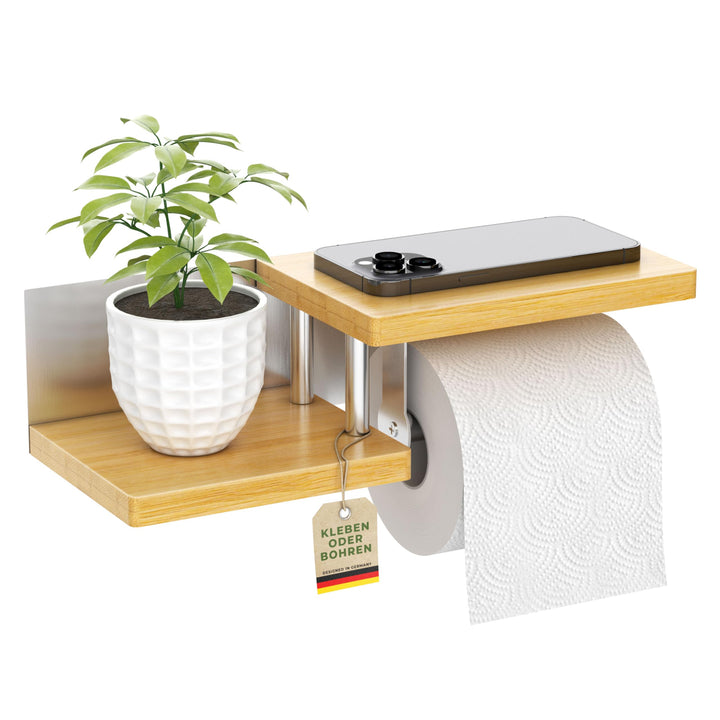 Toilettenpapierhalter Holz Bambus [KLEBEN oder Bohren] | hochwertiger Klopapierhalter ohne Bohren mi