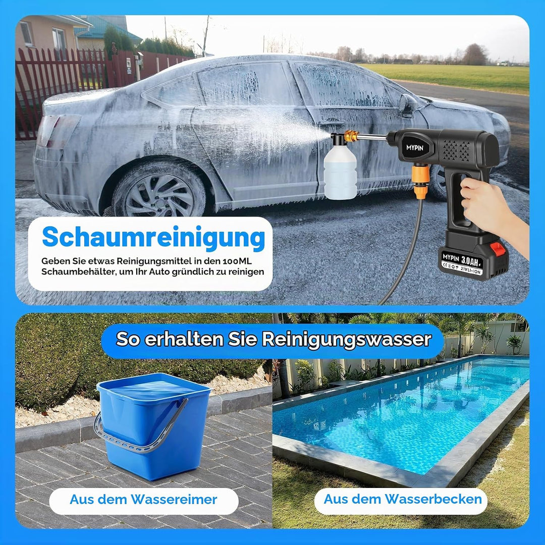 MYPIN Tragbarer kabelloser Hochdruckreiniger, 600 PSI 21V 2X wiederaufladbare Batterien Druckreinige