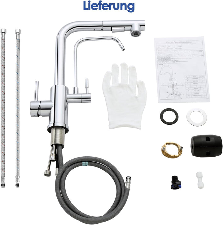 ROVOGO Chrom Wasserhahn Küche 3 Wege mit 2 Strahlarten Brause Ausziehbar, Hochdruck Küchenarmatur mi