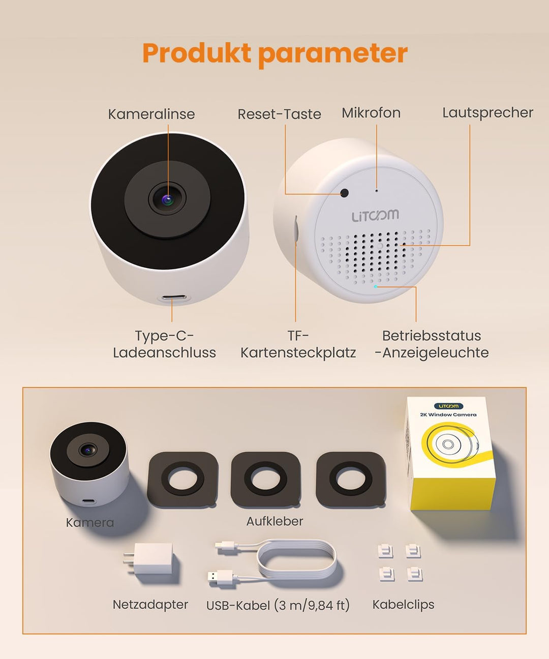 3MP 2K Fensterkamera Innen - 2,4 GHz & 5 GHz WLAN Überwachungskamera mit KI-Farbnachtsicht, Cloud/SD