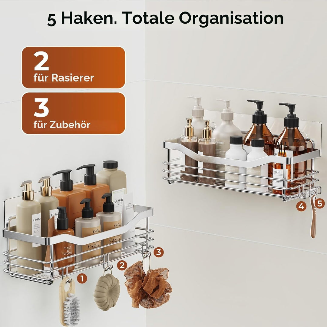 Orimade Duschregal ohne Bohren SUS304 Edelstahl Duschablage mit 5 Haken Duschkörbe für Bad Küche Toi