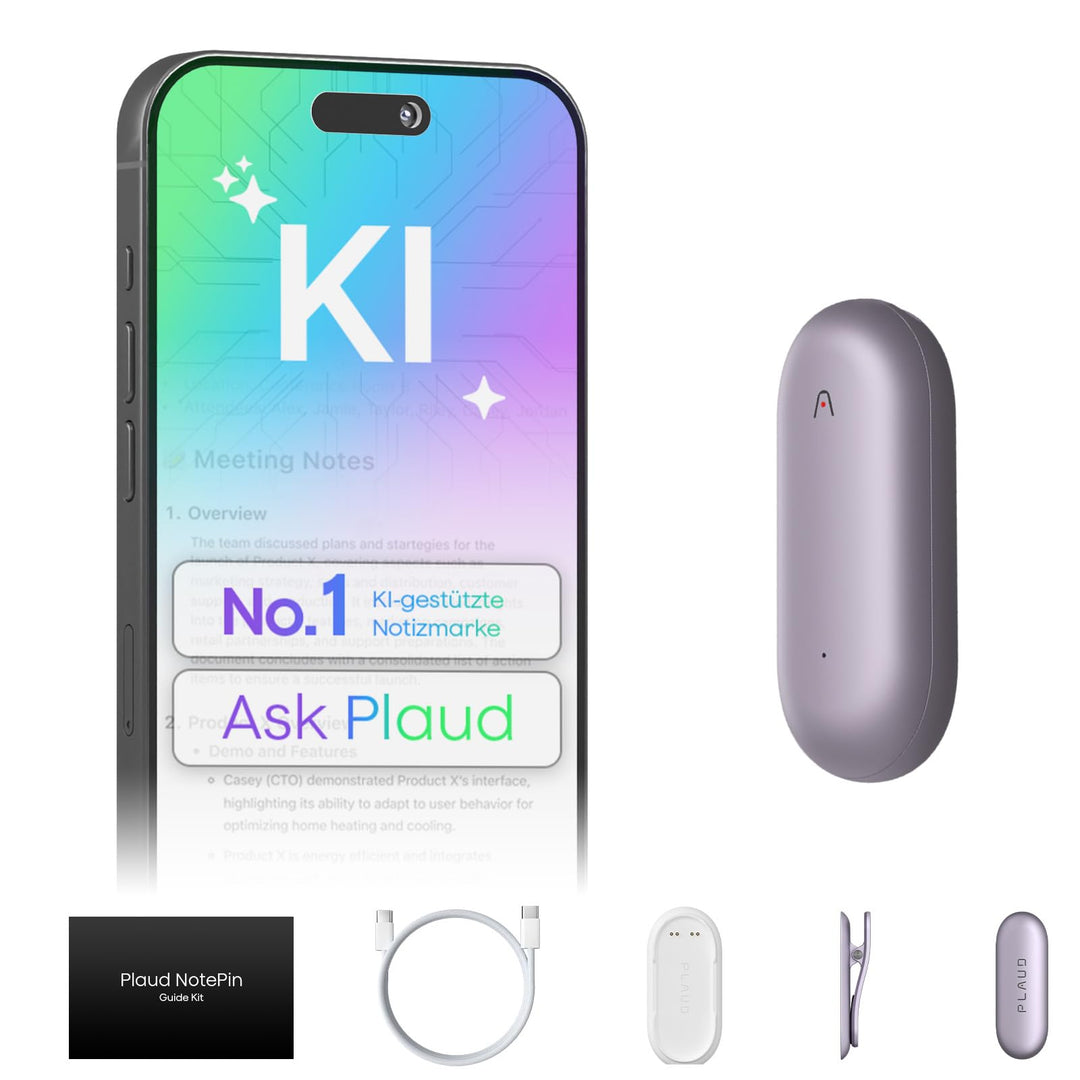 Plaud NotePin Sprachrekorder, KI-Sprachrekorder, App-Steuerung, KI-Notizgerät, KI-Transkription & Zu