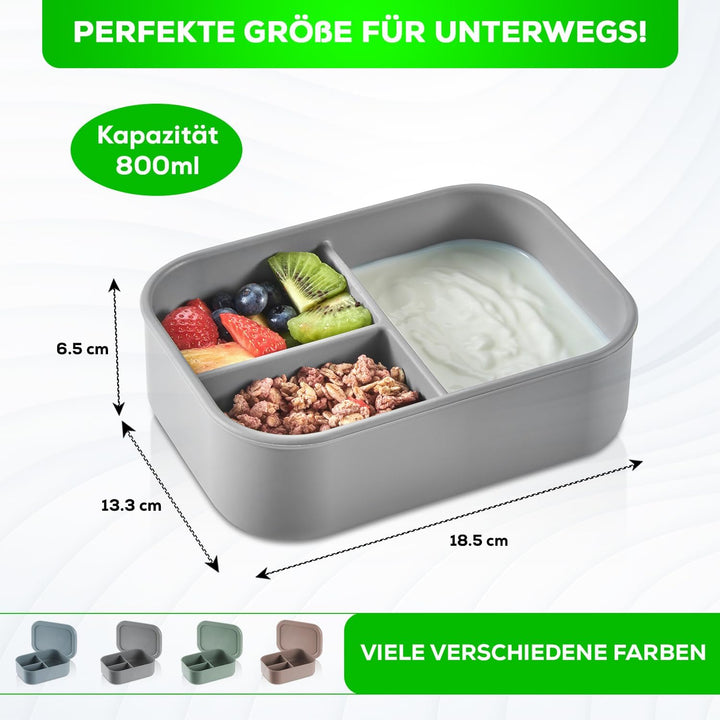 Lunchbox Medium-3 Fächer Brotdose Vorratsdosen aus Platin Silikon reissfest, hitze-kältebeständig, a