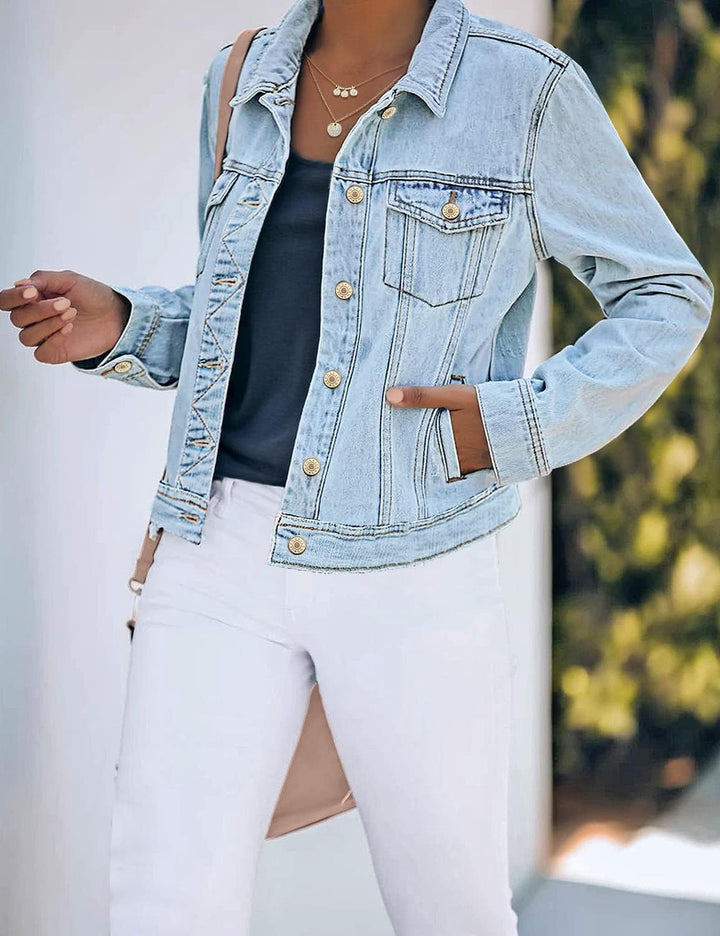 Jeansjacken Damen Jean Stretchy Langarm Trucker Jacke mit Tasche XL Azurblaue Stimmung, XL Azurblaue