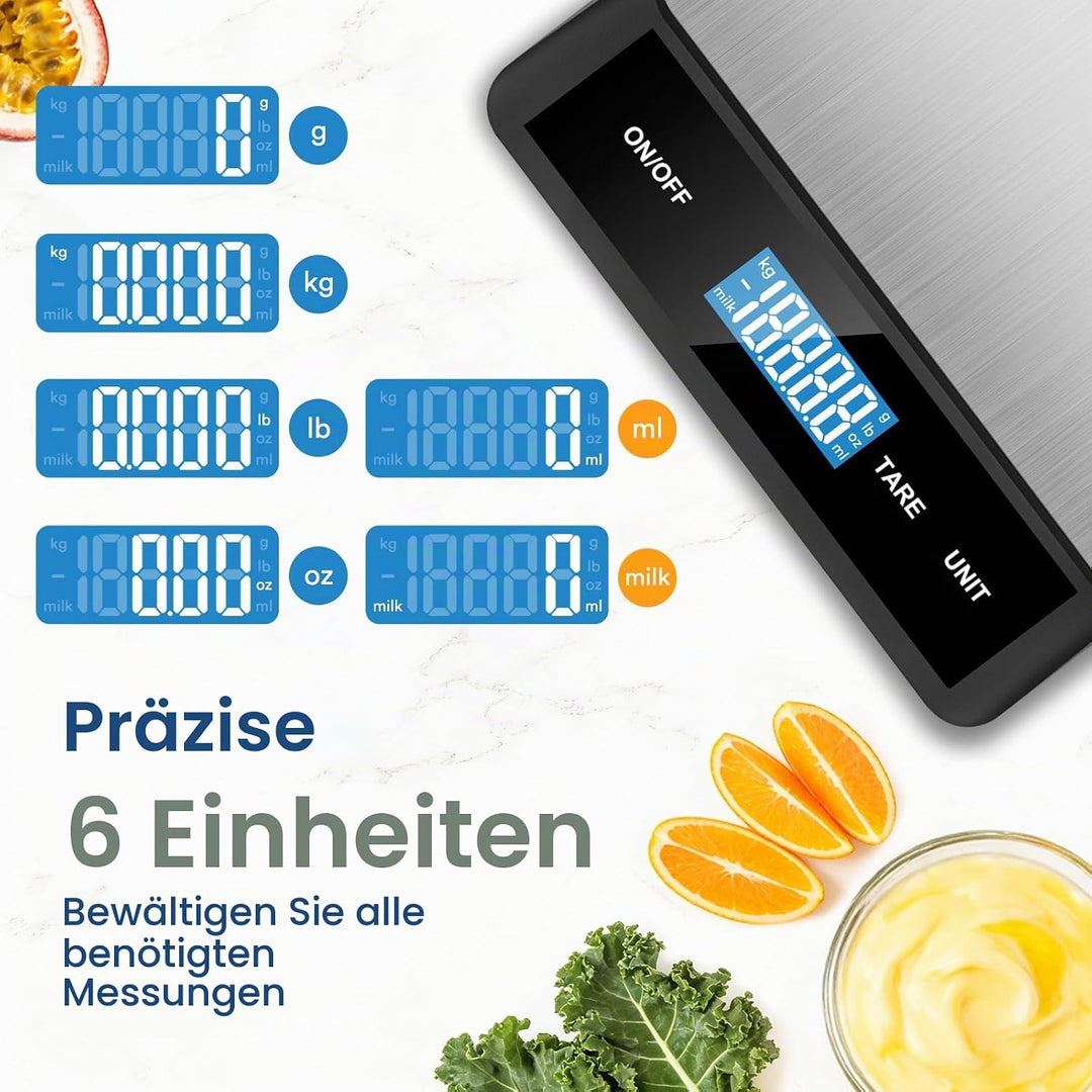 Zivacate 15kg Digitale Küchenwaage, 1g Präzision, Küchenwaage mit LCD Display, Grosse Edelstahl Wieg