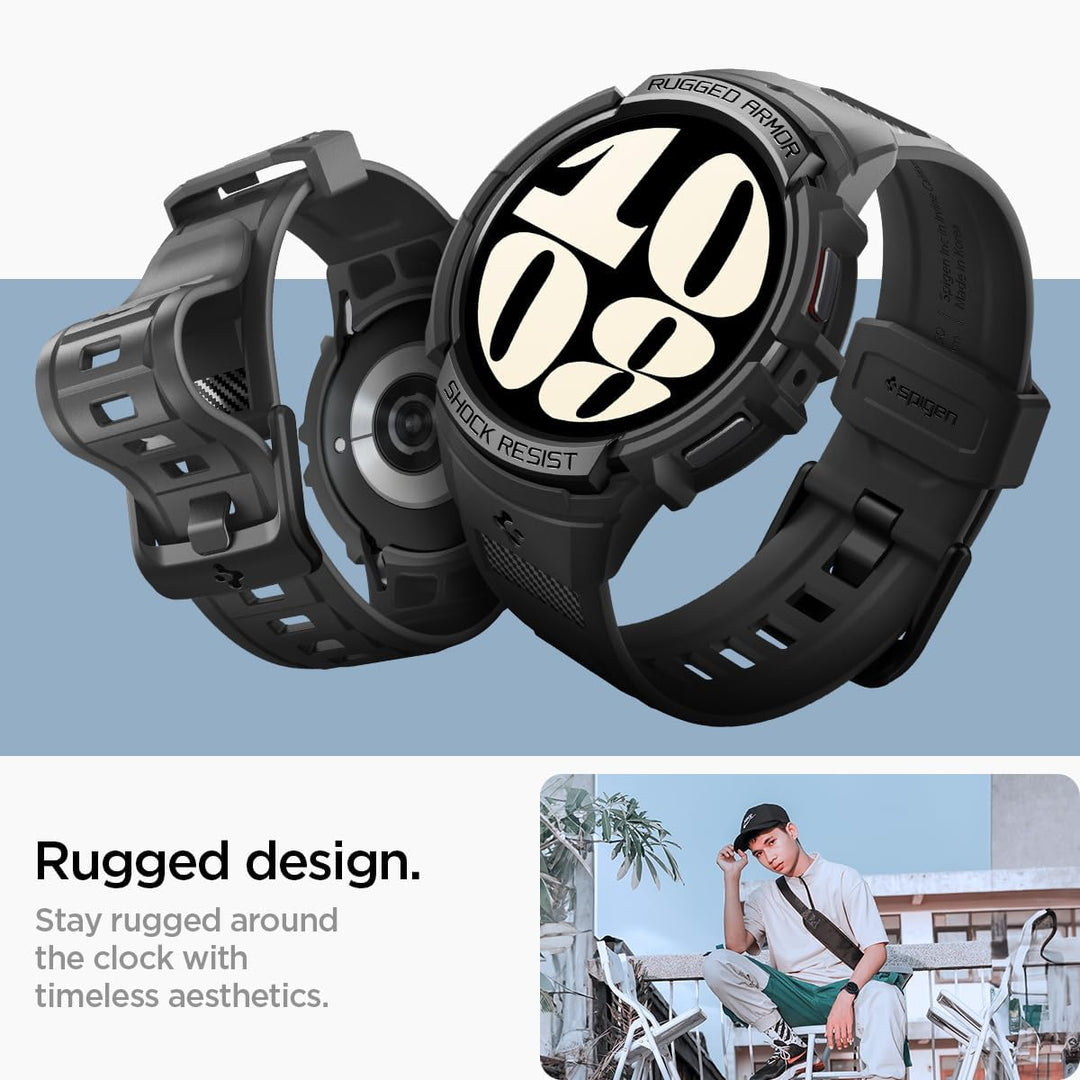 Spigen Rugged Armor Pro Hülle mit Armband Kompatibel mit Samsung Galaxy Watch 6 44mm 2023 - Schwarz