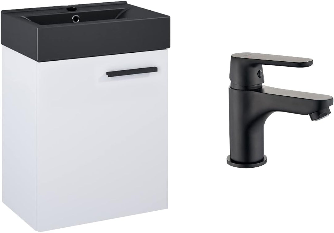 VBChome Badmöbel Set 45 cm Schwarz Waschbecken mit Hängeschrank Weiss mit Armantur Schwarz Waschtisc